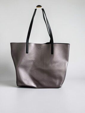 KATE SPADE Pewter Silver Black Reversible Leather Shoulder Tote Bag